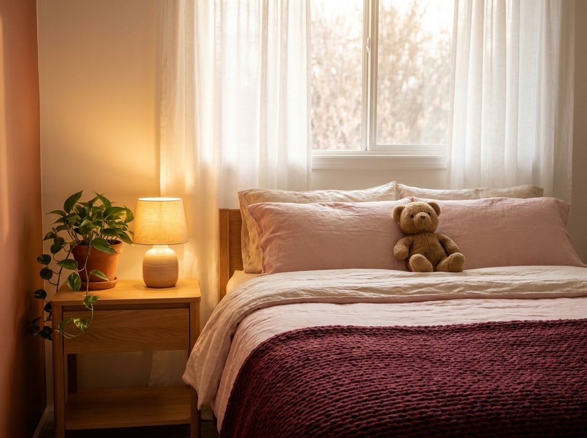 Habitación cálida y ordenada, con luz de ventana y una cama tendida